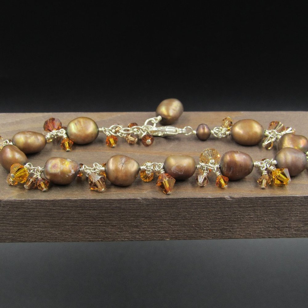 8" Sterling Silver Brown Real Pearl & Crystal Bracelet Vintage
